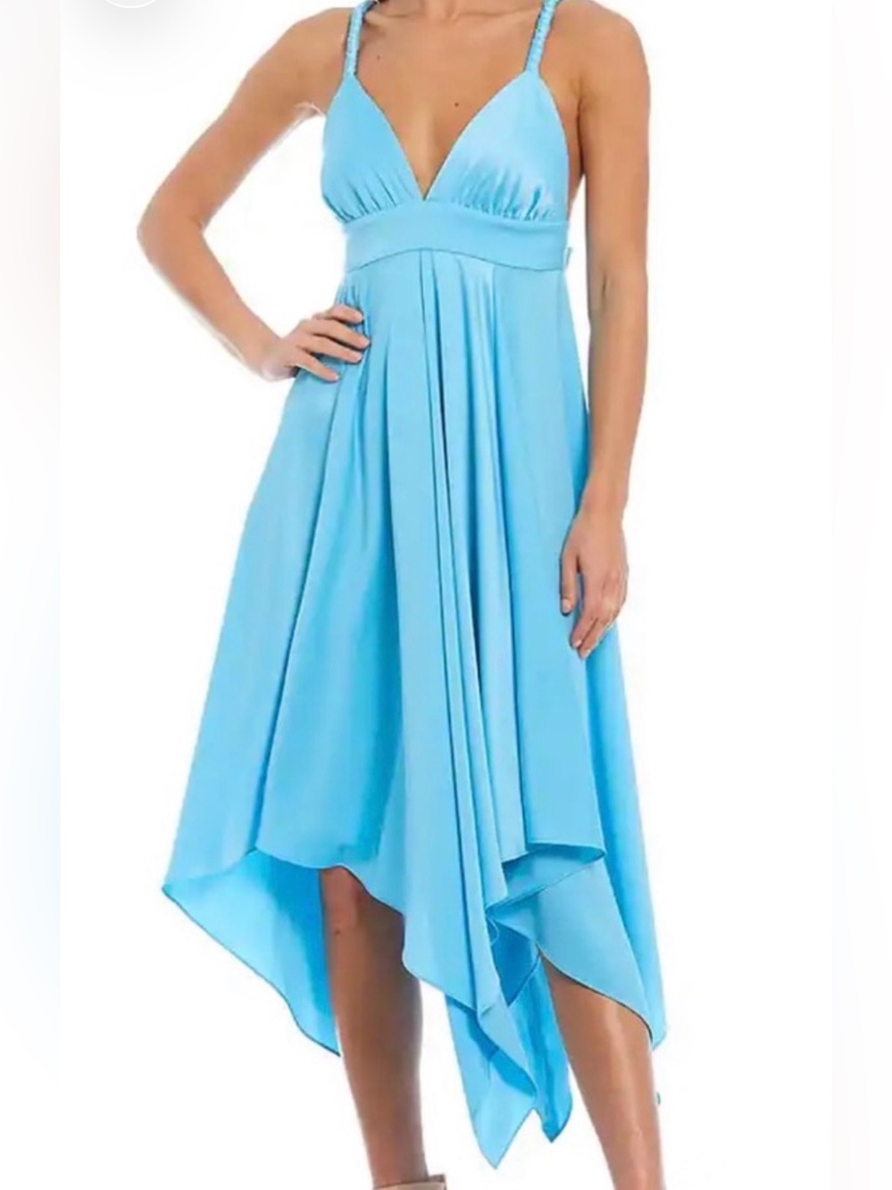 Gianni Bini Light Blue Asymmetrical Handkerchief Hem Dress with Back Bow